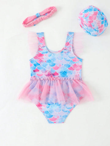 Assorted Fish Scale Printed Mesh Patchwork One-Piece Swimsuit For Young Girl