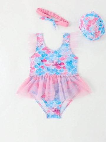 Assorted Fish Scale Printed Mesh Patchwork One-Piece Swimsuit For Young Girl