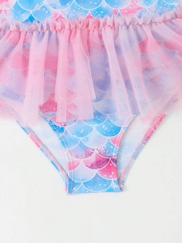 Assorted Fish Scale Printed Mesh Patchwork One-Piece Swimsuit For Young Girl