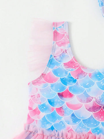 Assorted Fish Scale Printed Mesh Patchwork One-Piece Swimsuit For Young Girl