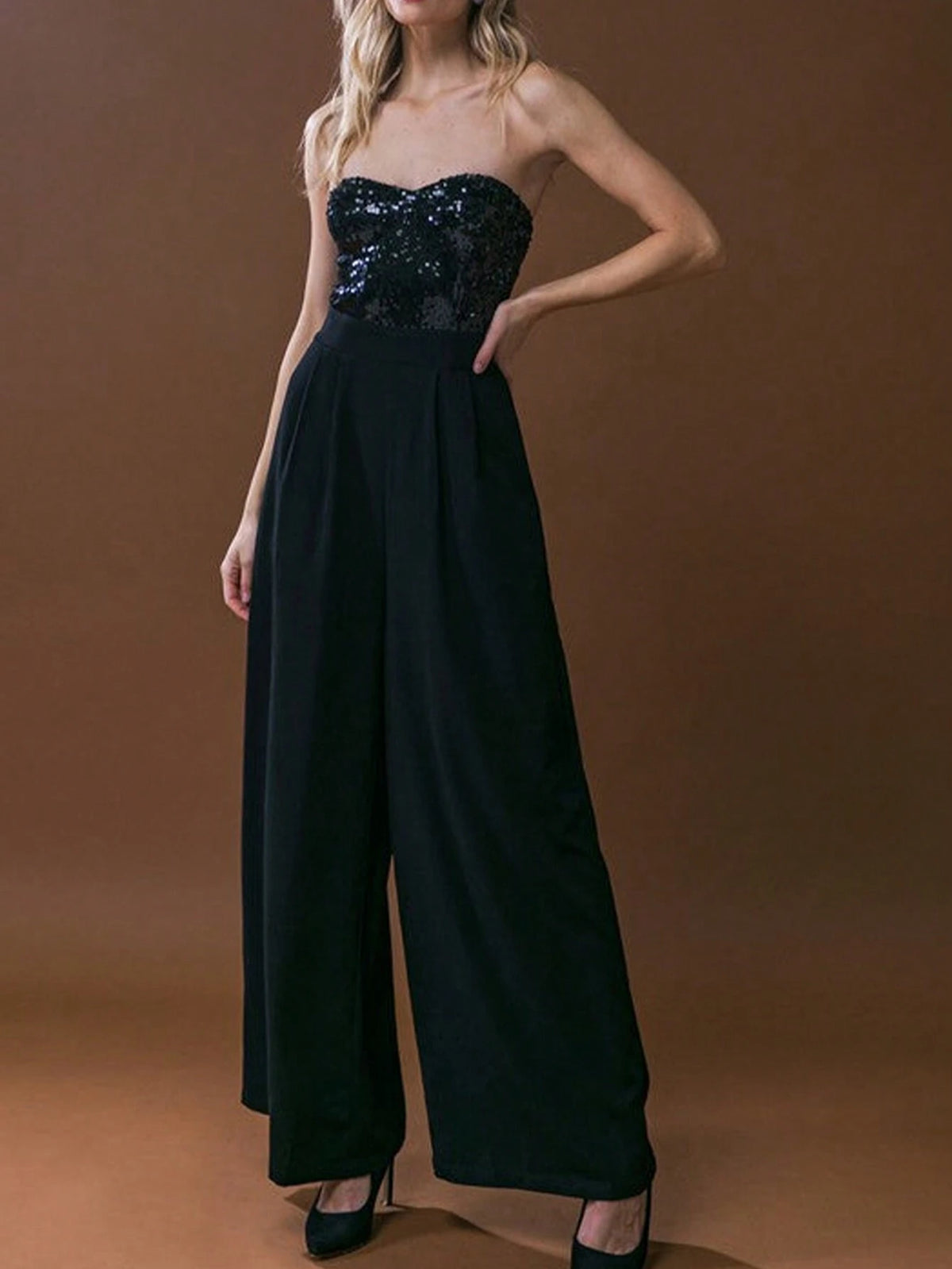 Astylish Black Glitter Strapless Wide Leg Patchwork Sequin Jumpsuit With Pockets