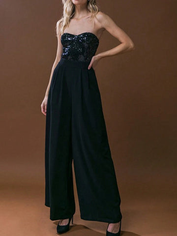 Astylish Black Glitter Strapless Wide Leg Patchwork Sequin Jumpsuit With Pockets