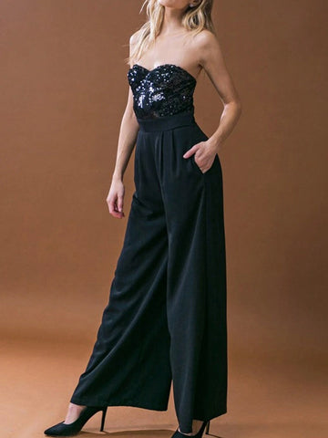 Astylish Black Glitter Strapless Wide Leg Patchwork Sequin Jumpsuit With Pockets