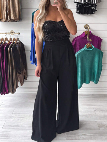 Astylish Black Glitter Strapless Wide Leg Patchwork Sequin Jumpsuit With Pockets