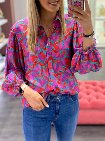 Astylish Floral Print Flare Sleeve Button Front Shirts