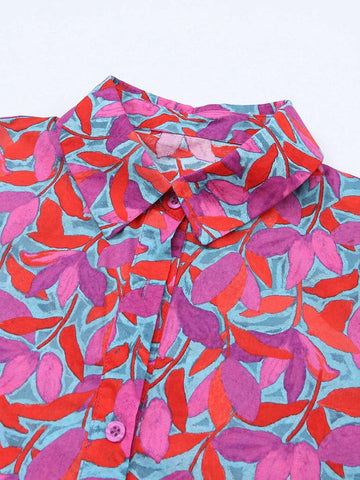Astylish Floral Print Flare Sleeve Button Front Shirts