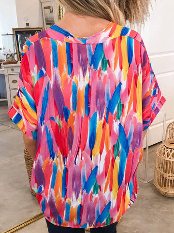 Astylish Print Short Sleeve V Neck Tops