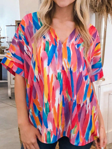 Astylish Print Short Sleeve V Neck Tops