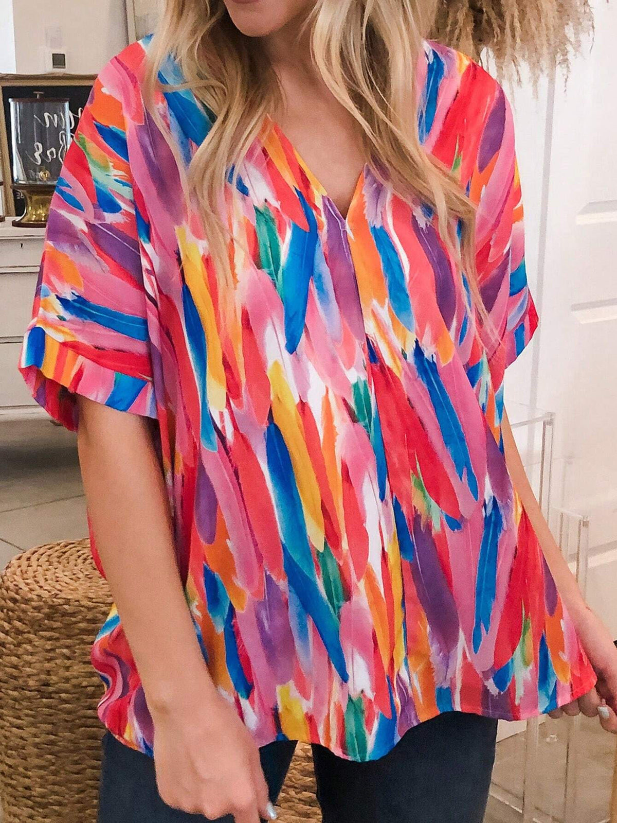 Astylish Print Short Sleeve V Neck Tops