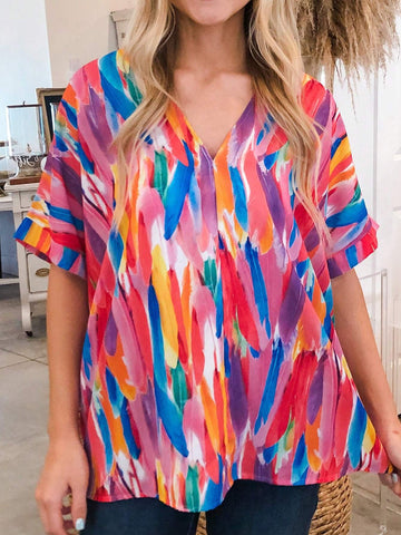 Astylish Print Short Sleeve V Neck Tops