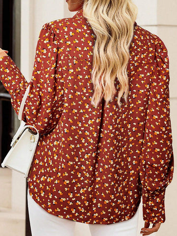 Astylish Red Floral Print Long Sleeve Button Front Shirt