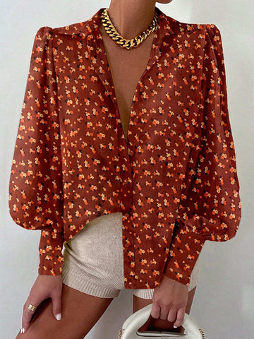 Astylish Red Floral Print Long Sleeve Button Front Shirt
