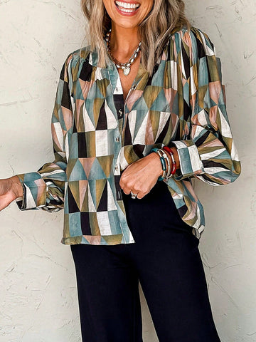Women's Geometric Print Button Up Long Sleeve Blouse Loose Fit Shirt