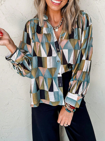 Women's Geometric Print Button Up Long Sleeve Blouse Loose Fit Shirt