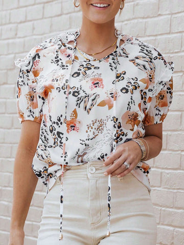 Astylish Women's Gold Leopard Floral Print Split Neck Puff Sleeve Blouse