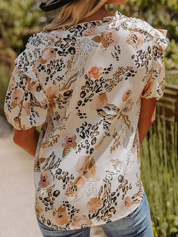 Astylish Women's Gold Leopard Floral Print Split Neck Puff Sleeve Blouse