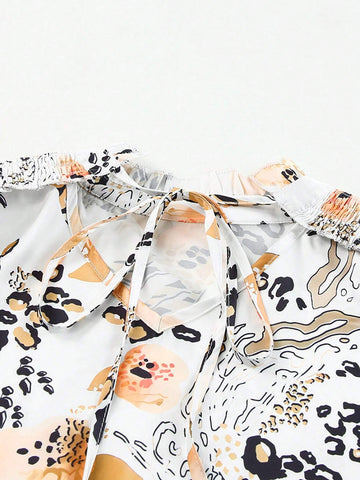 Astylish Women's Gold Leopard Floral Print Split Neck Puff Sleeve Blouse