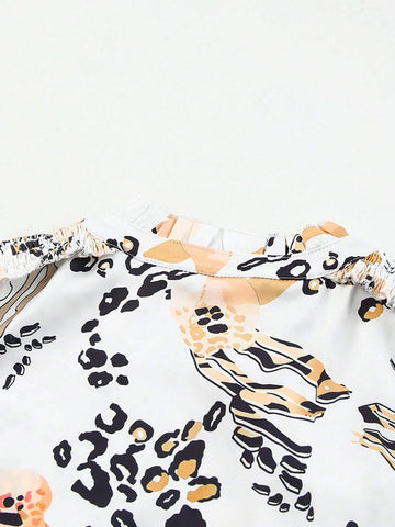 Astylish Women's Gold Leopard Floral Print Split Neck Puff Sleeve Blouse