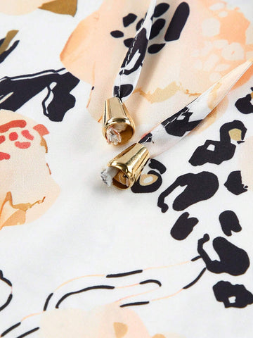 Astylish Women's Gold Leopard Floral Print Split Neck Puff Sleeve Blouse