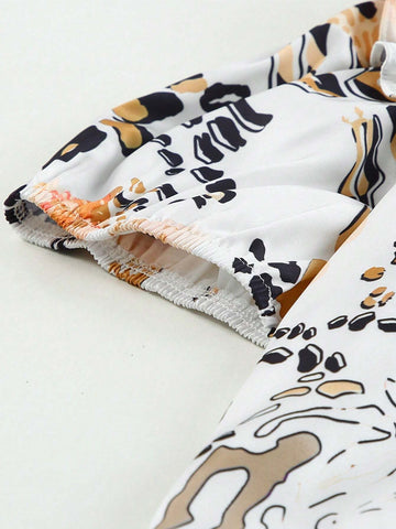 Astylish Women's Gold Leopard Floral Print Split Neck Puff Sleeve Blouse