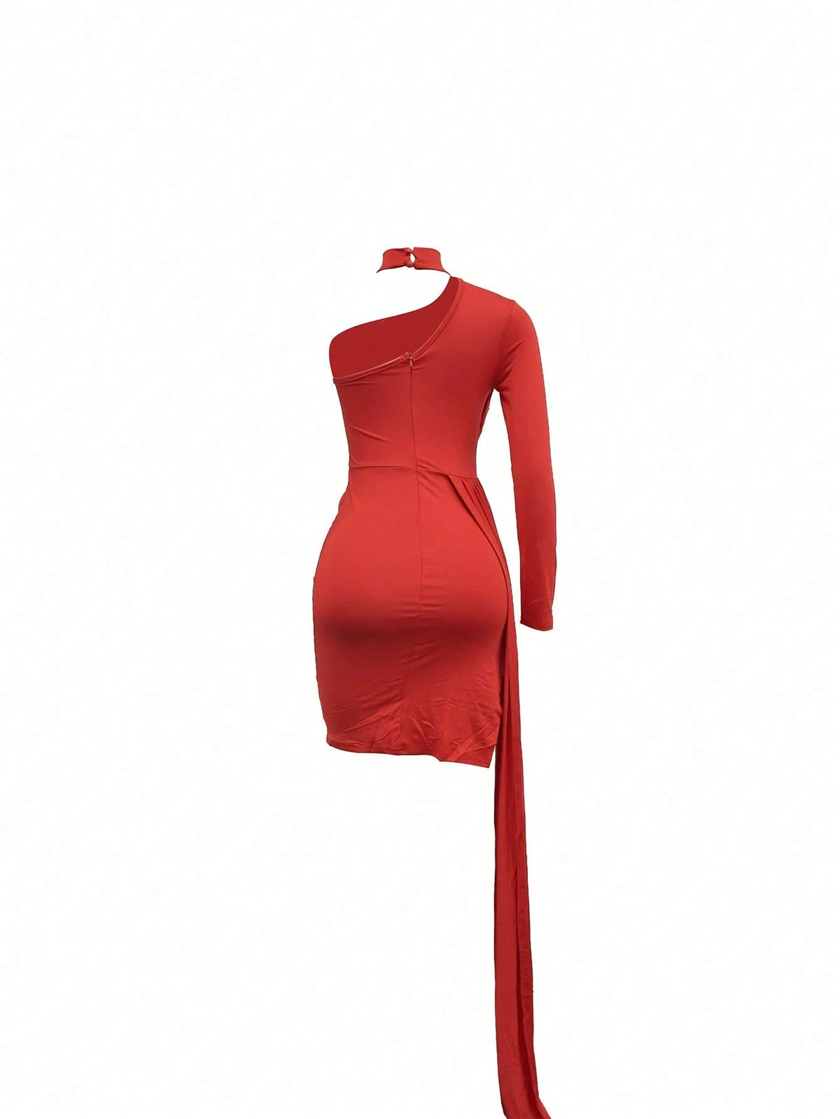 Asymmetric Collar Long Sleeve Dress With Faux Feather Trim On Hemline