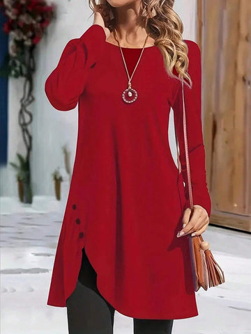 Asymmetric Hem Dress Women Casual Crew Neck Long Sleeve Spring Fall Outfits