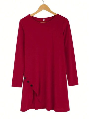 Asymmetric Hem Dress Women Casual Crew Neck Long Sleeve Spring Fall Outfits