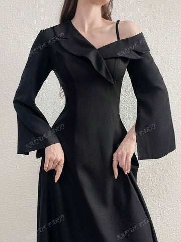 Asymmetric Neck Ruffle Detail Elegant Long Sleeve Women's Ballgown Dress (Statement Design)
