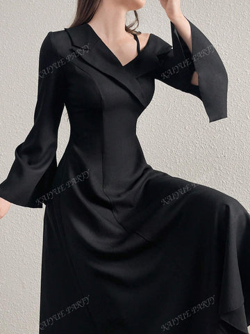 Asymmetric Neck Ruffle Detail Elegant Long Sleeve Women's Ballgown Dress (Statement Design)