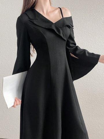 Asymmetric Neck Ruffle Detail Elegant Long Sleeve Women's Ballgown Dress (Statement Design)