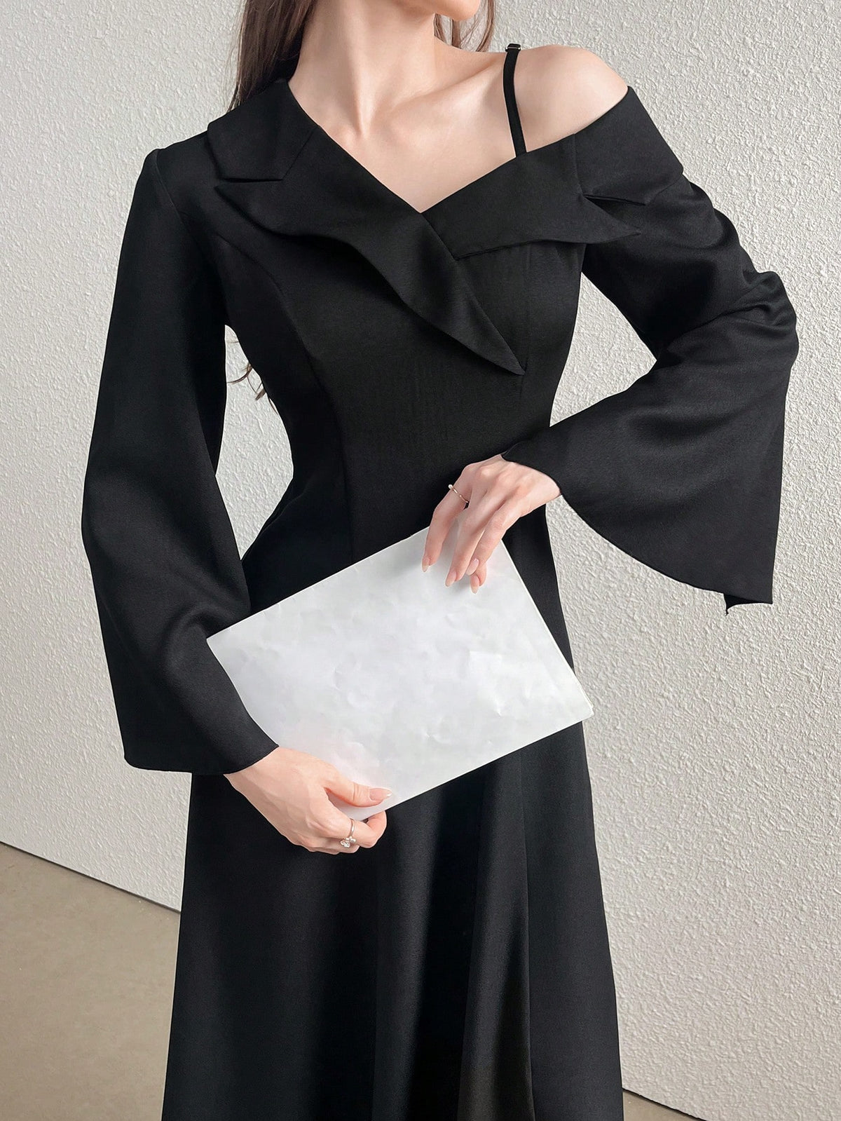 Asymmetric Neck Ruffle Detail Elegant Long Sleeve Women's Ballgown Dress (Statement Design)