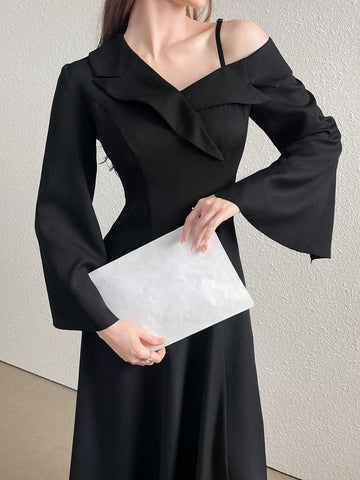 Asymmetric Neck Ruffle Detail Elegant Long Sleeve Women's Ballgown Dress (Statement Design)