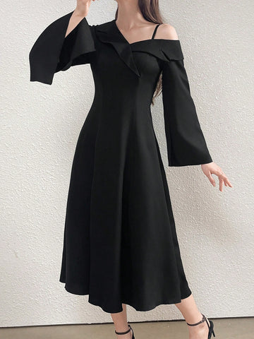 Asymmetric Neck Ruffle Detail Elegant Long Sleeve Women's Ballgown Dress (Statement Design)