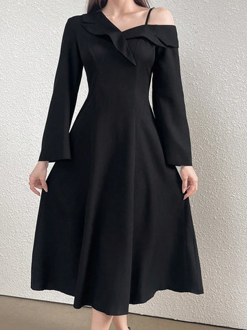 Asymmetric Neck Ruffle Detail Elegant Long Sleeve Women's Ballgown Dress (Statement Design)