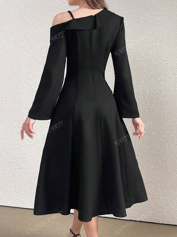 Asymmetric Neck Ruffle Detail Elegant Long Sleeve Women's Ballgown Dress (Statement Design)