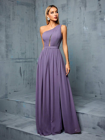 Asymmetric Neckline & Hollow Out Design A-line Bridesmaid Long Dress
