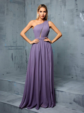 Asymmetric Neckline & Hollow Out Design A-line Bridesmaid Long Dress