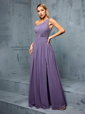 Asymmetric Neckline & Hollow Out Design A-line Bridesmaid Long Dress