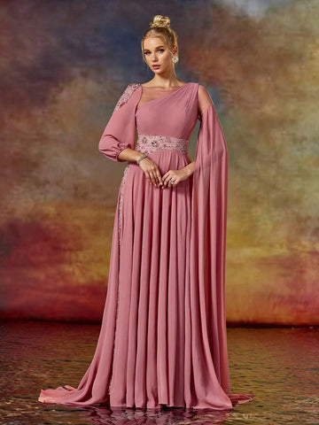 Asymmetric Sleeve Colorful Beading Embroidered Round Neck Long Prom Dress