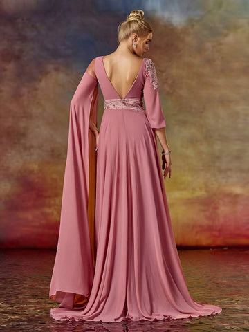 Asymmetric Sleeve Colorful Beading Embroidered Round Neck Long Prom Dress