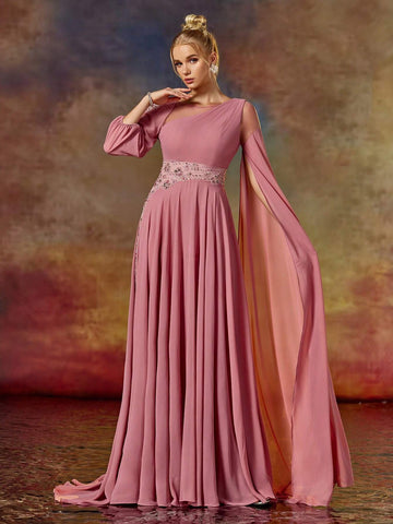 Asymmetric Sleeve Colorful Beading Embroidered Round Neck Long Prom Dress