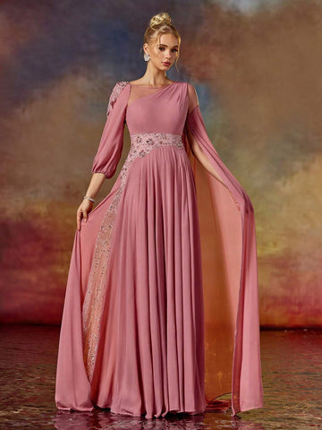Asymmetric Sleeve Colorful Beading Embroidered Round Neck Long Prom Dress