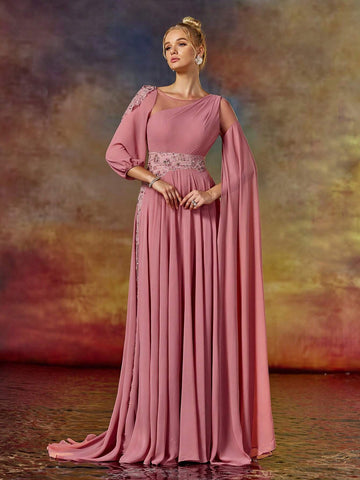 Asymmetric Sleeve Colorful Beading Embroidered Round Neck Long Prom Dress