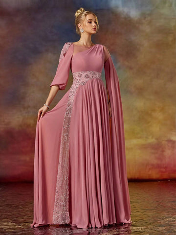 Asymmetric Sleeve Colorful Beading Embroidered Round Neck Long Prom Dress