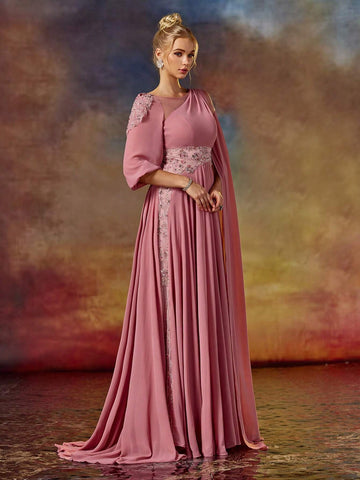 Asymmetric Sleeve Colorful Beading Embroidered Round Neck Long Prom Dress