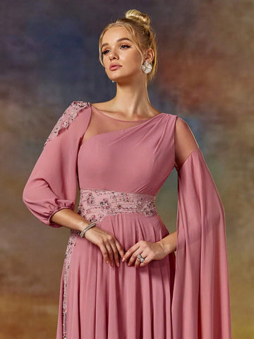 Asymmetric Sleeve Colorful Beading Embroidered Round Neck Long Prom Dress