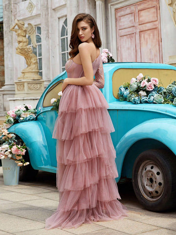 Asymmetrical Collar Lace Patchwork Sheer Mesh High Slit Party Dress