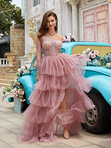 Asymmetrical Collar Lace Patchwork Sheer Mesh High Slit Party Dress