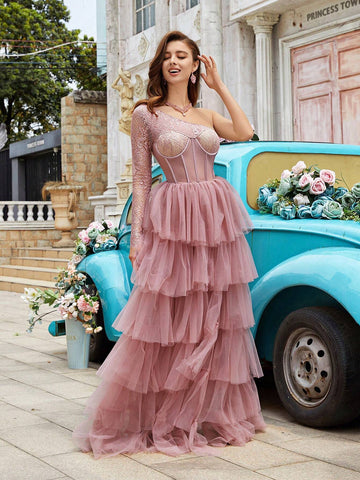 Asymmetrical Collar Lace Patchwork Sheer Mesh High Slit Party Dress