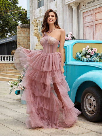 Asymmetrical Collar Lace Patchwork Sheer Mesh High Slit Party Dress